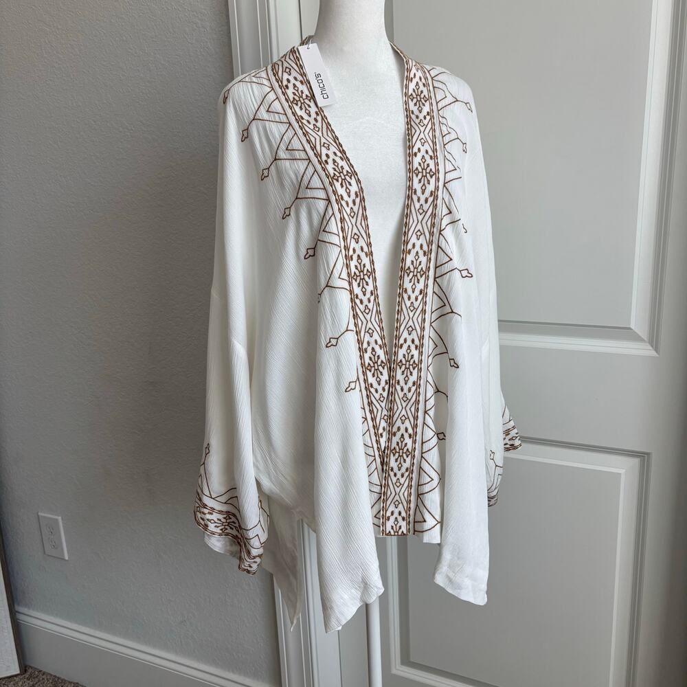 Chico's White Open-Front Kimono with Brown Geometric Trim